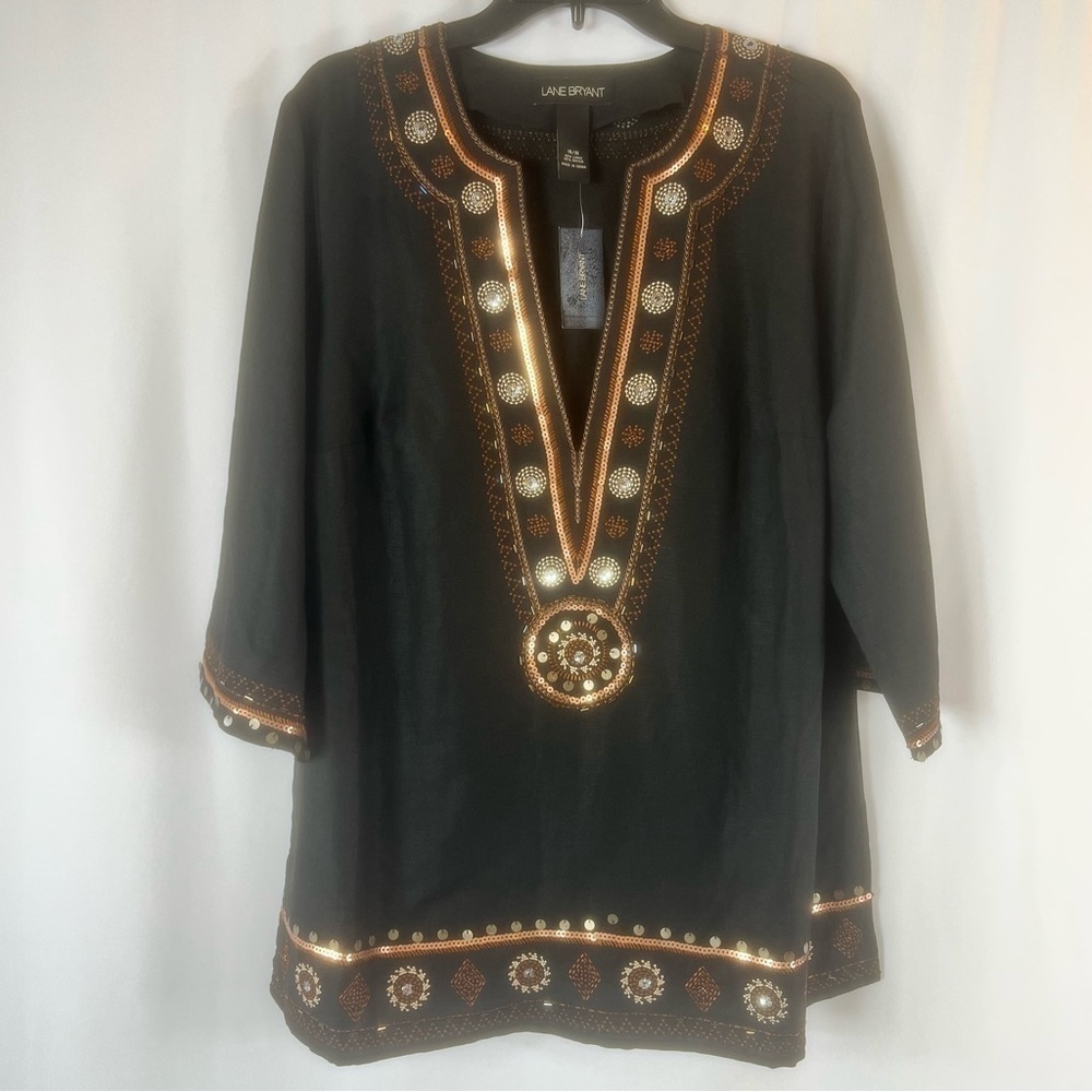 Lane Bryant Modest linen tunic Black and Gold Embellished Women's Top Sz: 14/16
